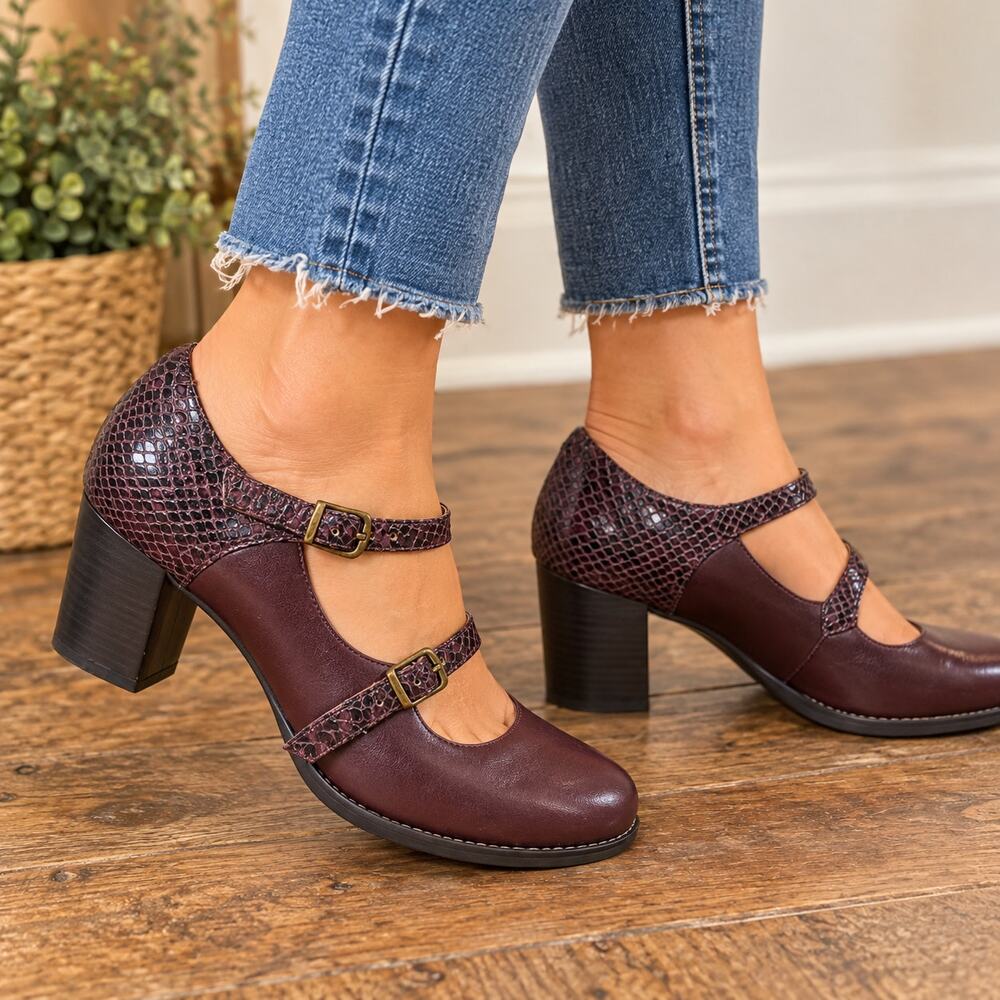 Clarks Women’s 8.5 Burgundy Leather Mary Jane Pumps Snake Print Block Heel